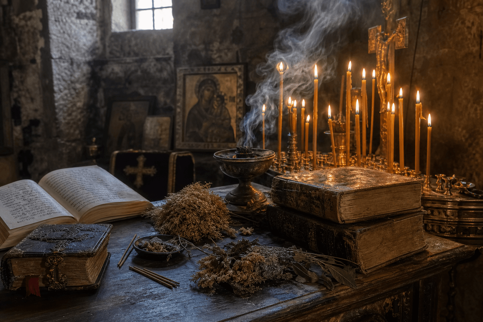 Taş kilise içinde mumlar ve tütsü ile büyü ritüeli atmosferi